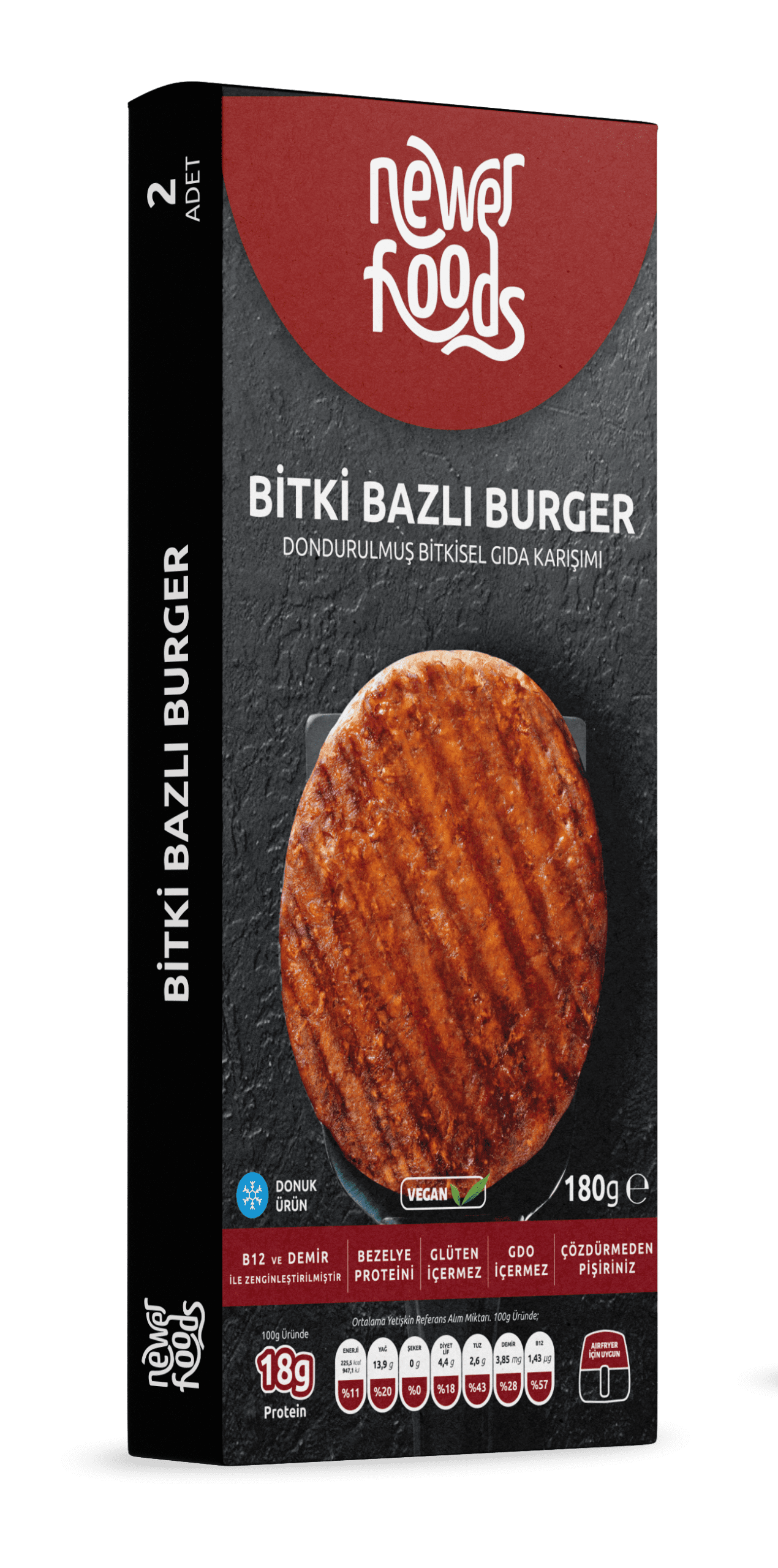 Newer Foods Plant-Based Burger packaging (EN)